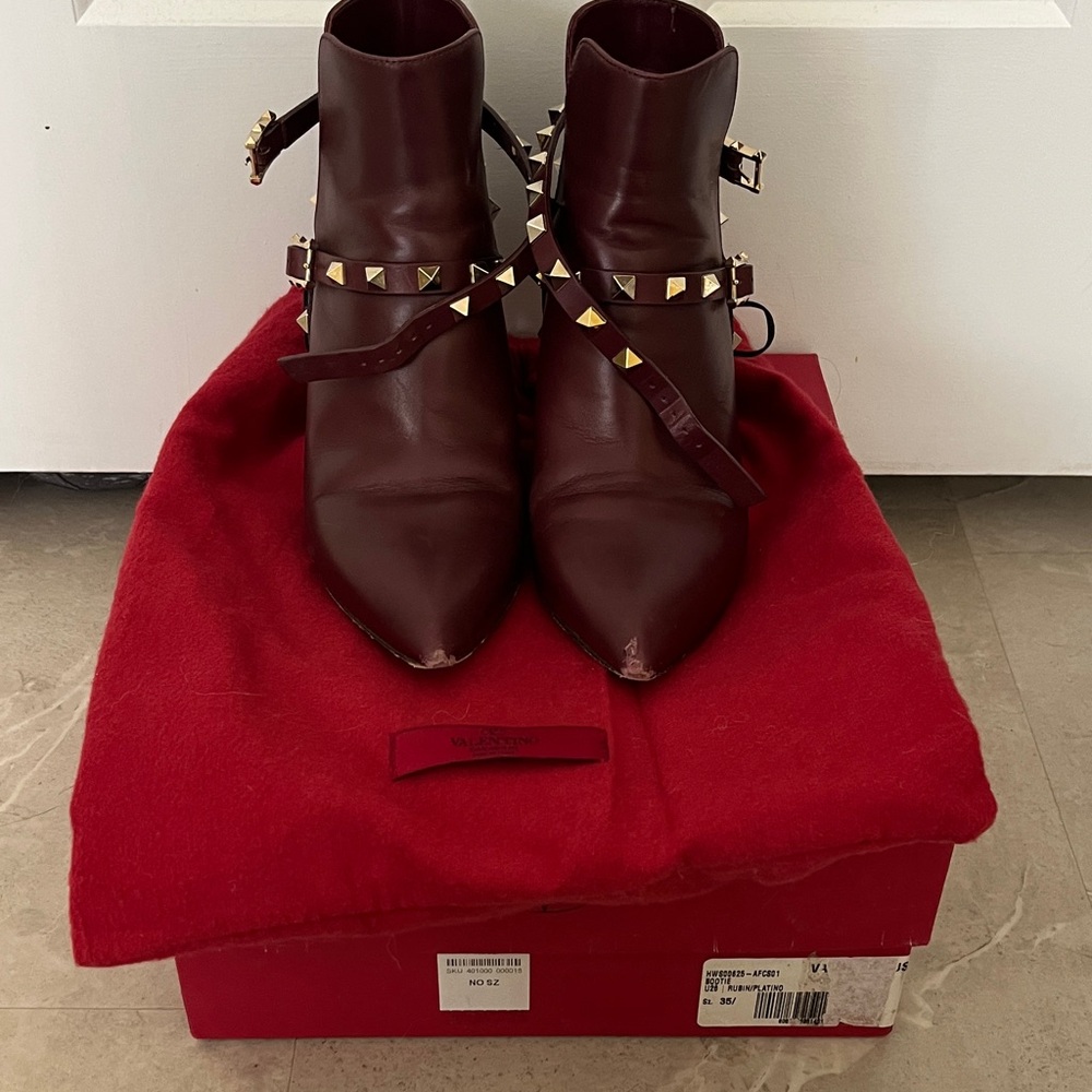 Valentino Garavani Burgundy Ankle Boots with Gold Studs